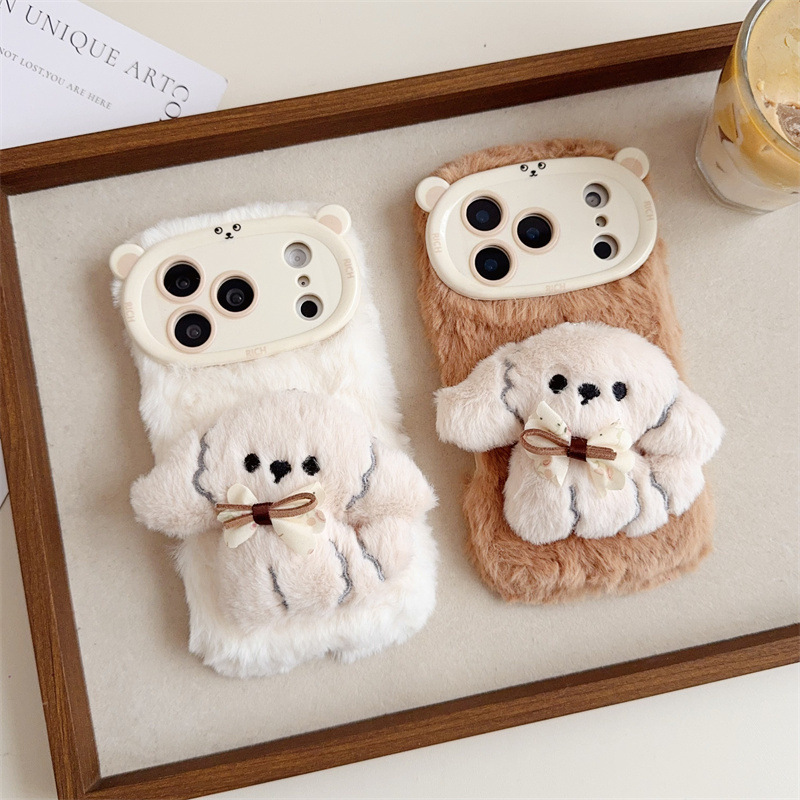3D漫画風リボン付き子犬のふわふわぬいぐるみスマホケース i - Phone Cases Iphone 13 のレビューと価格